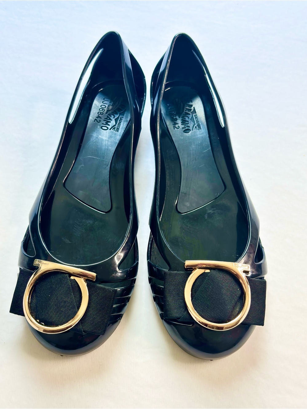 Salvatore Ferragamo Nara Jelly Black Ballet Flats with Gold Ring Accent Size 9